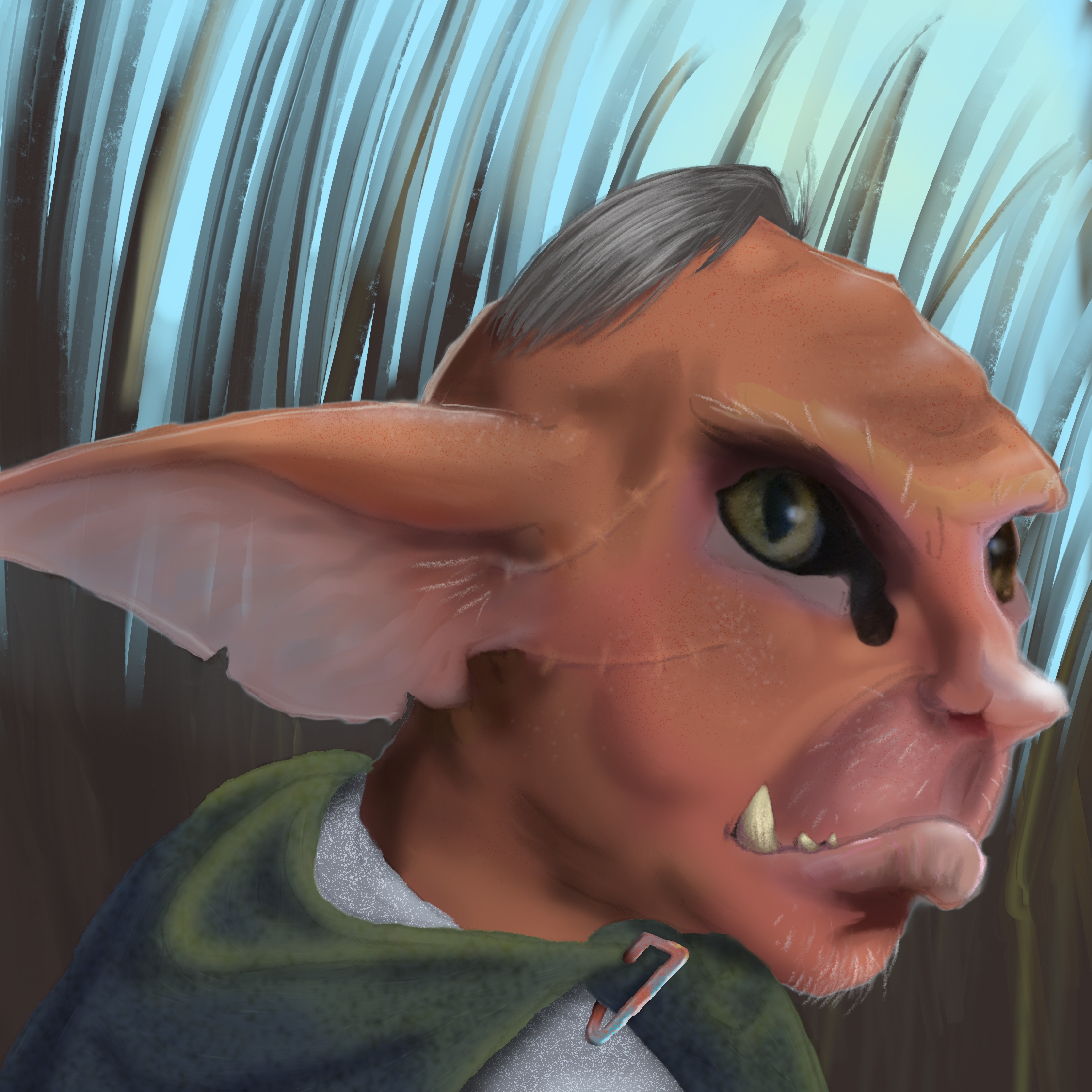 Small, ochre-red goblin with a tuft of gray hair