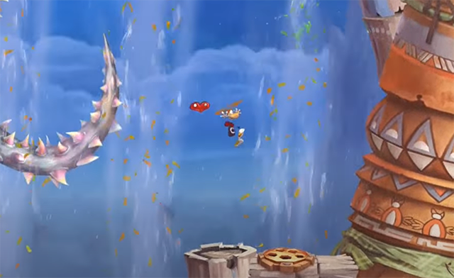 Skærmbillede fra Rayman hvor han svæver mellem vind